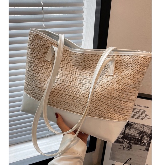 Large Tote Straw Bag Khaki Beige Lined White Faux Leather Details Zipper - Picture 4 of 8